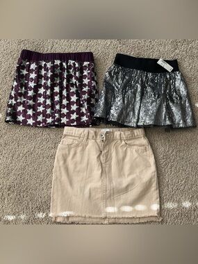 Set of Three Mini Skirts - Beige Denim, Purple Star Sequin, Silver Sequin size 8